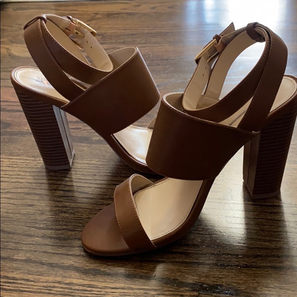 Brown leather block heels